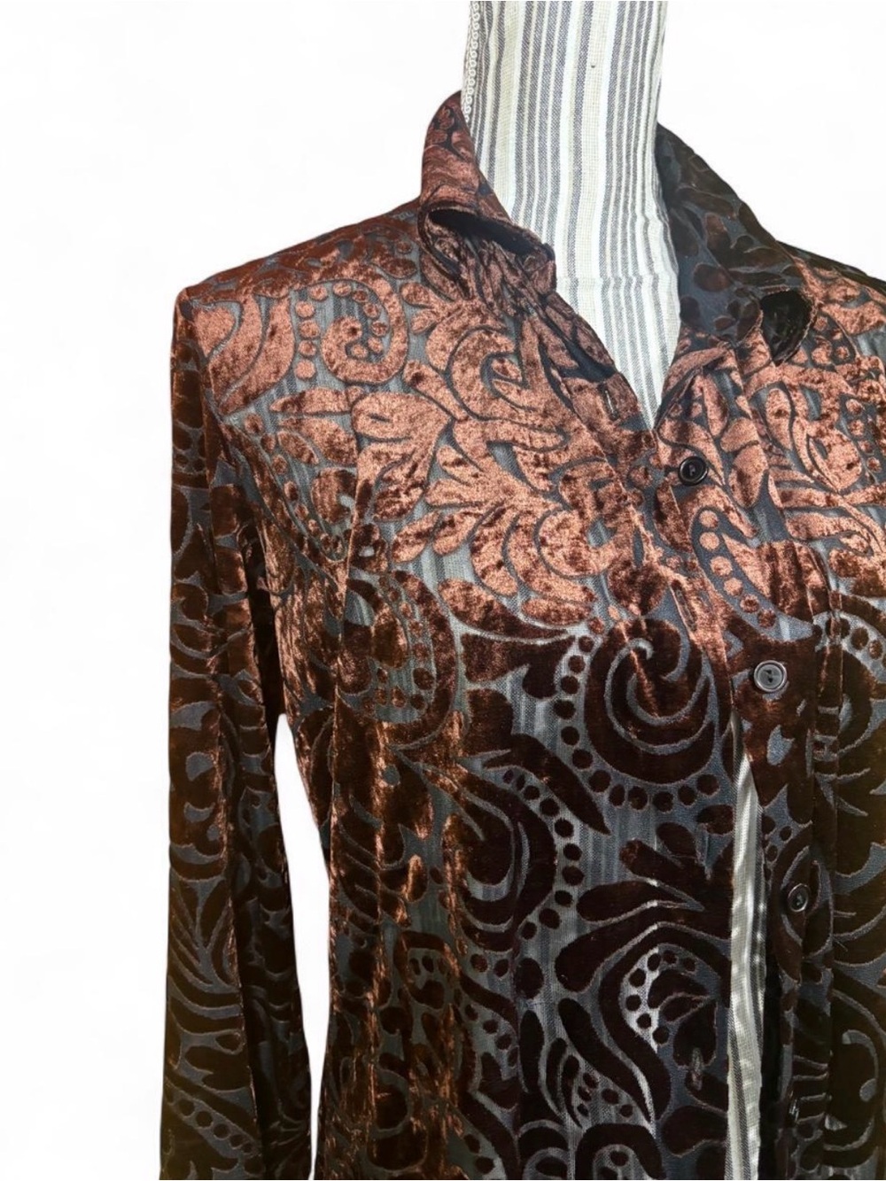 Y2k velvet paisley print burnout long sleeve sheer sexy long sleeve button down